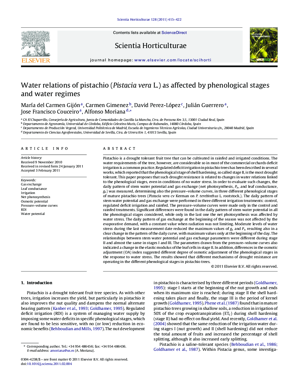 Water relations of pistachio (Pistacia vera L.) as affected by phenological stages and water regimes