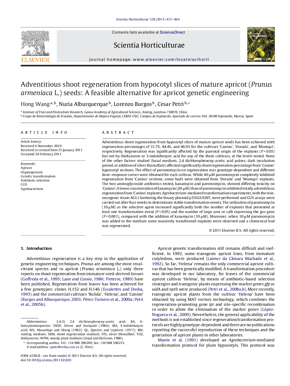 Adventitious shoot regeneration from hypocotyl slices of mature apricot (Prunus armeniaca L.) seeds: A feasible alternative for apricot genetic engineering