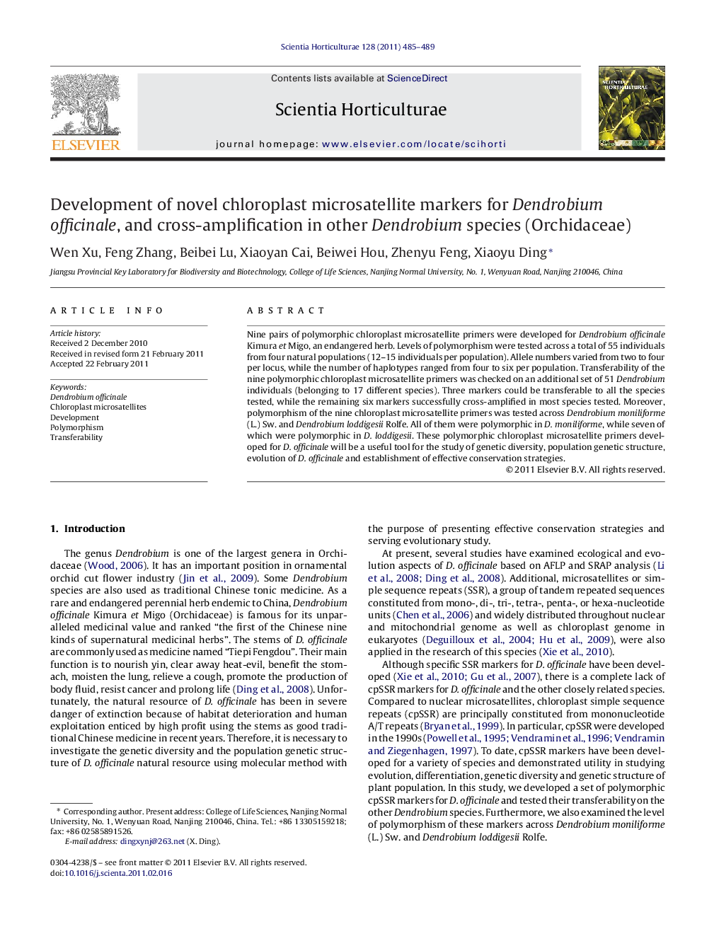 Development of novel chloroplast microsatellite markers for Dendrobium officinale, and cross-amplification in other Dendrobium species (Orchidaceae)