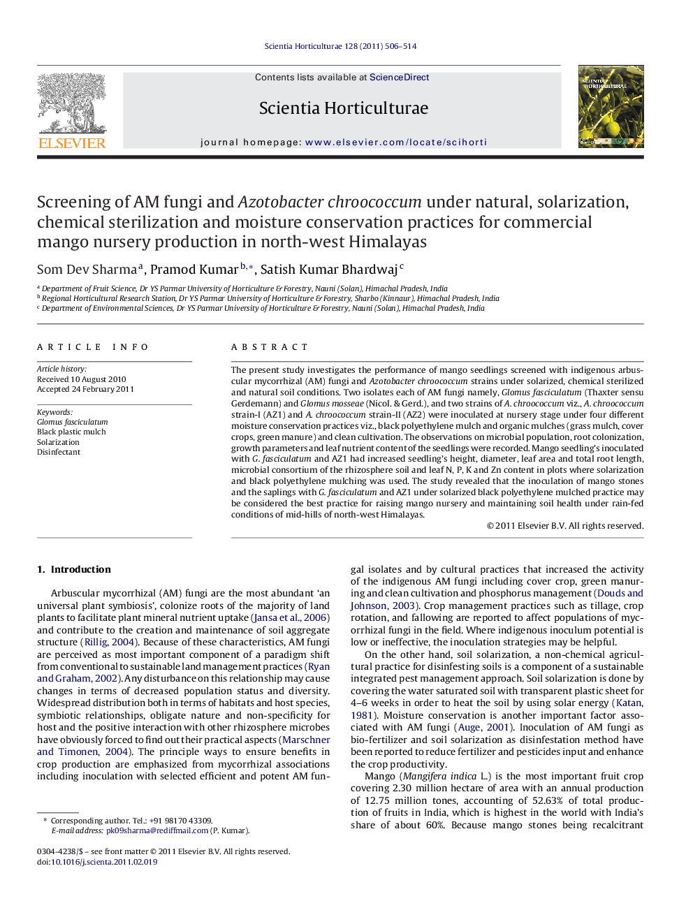 Screening of AM fungi and Azotobacter chroococcum under natural, solarization, chemical sterilization and moisture conservation practices for commercial mango nursery production in north-west Himalayas