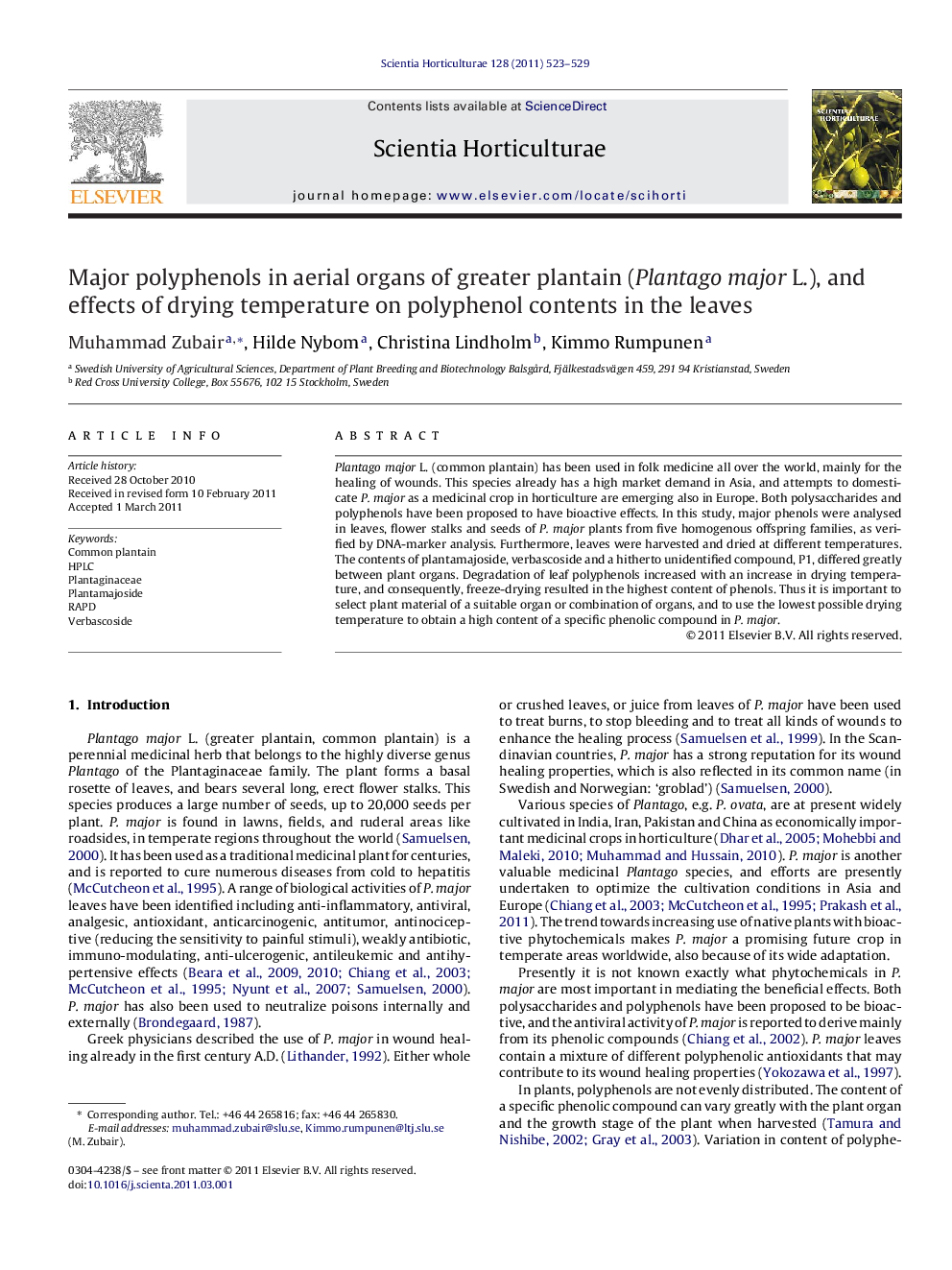 Major polyphenols in aerial organs of greater plantain (Plantago major L.), and effects of drying temperature on polyphenol contents in the leaves