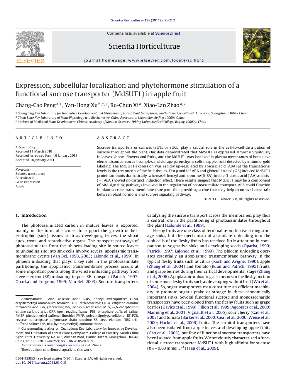 Expression, subcellular localization and phytohormone stimulation of a functional sucrose transporter (MdSUT1) in apple fruit