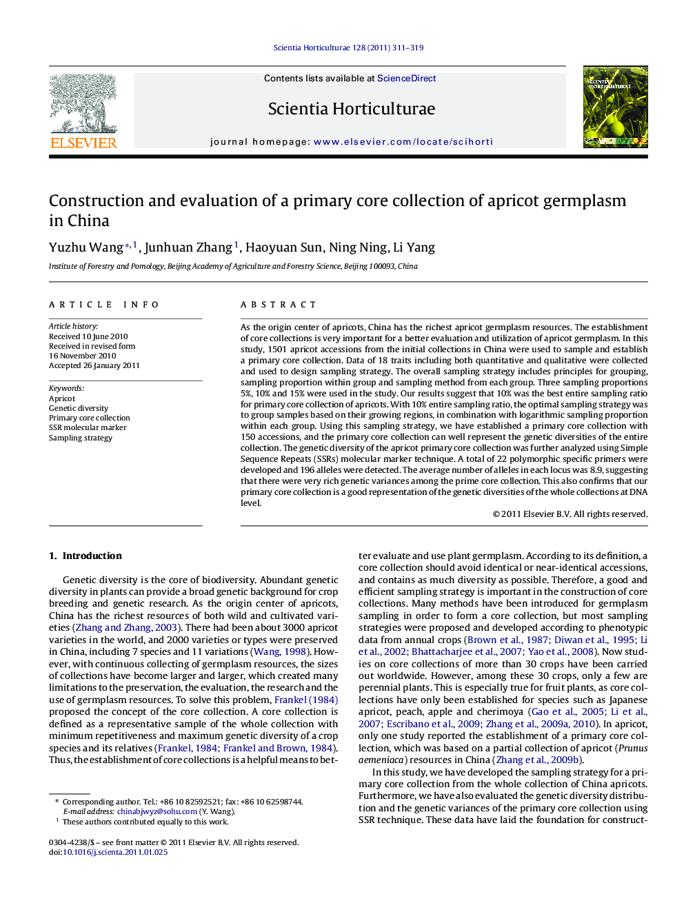 Construction and evaluation of a primary core collection of apricot germplasm in China