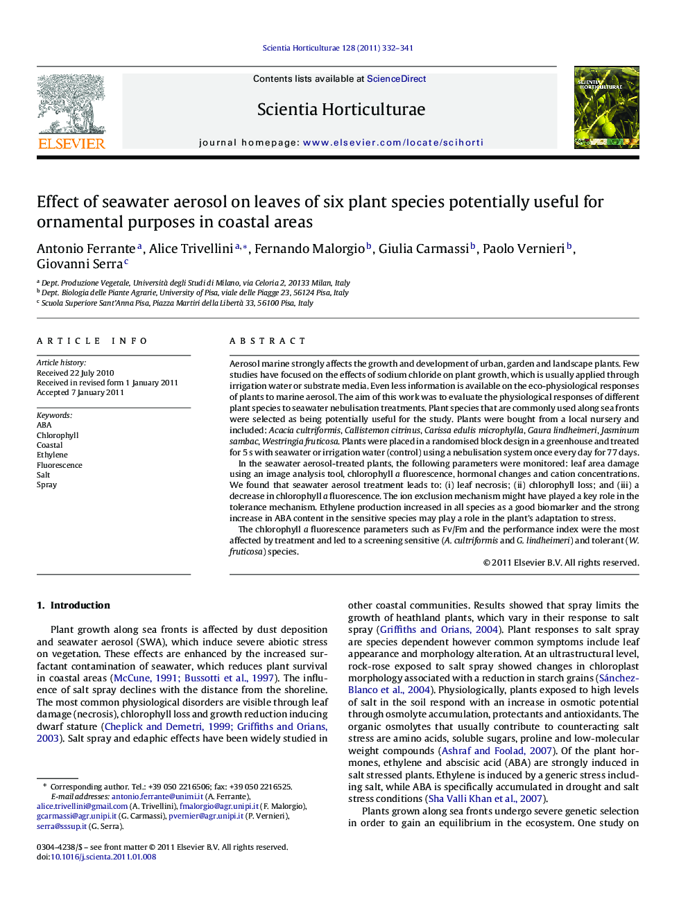 Effect of seawater aerosol on leaves of six plant species potentially useful for ornamental purposes in coastal areas