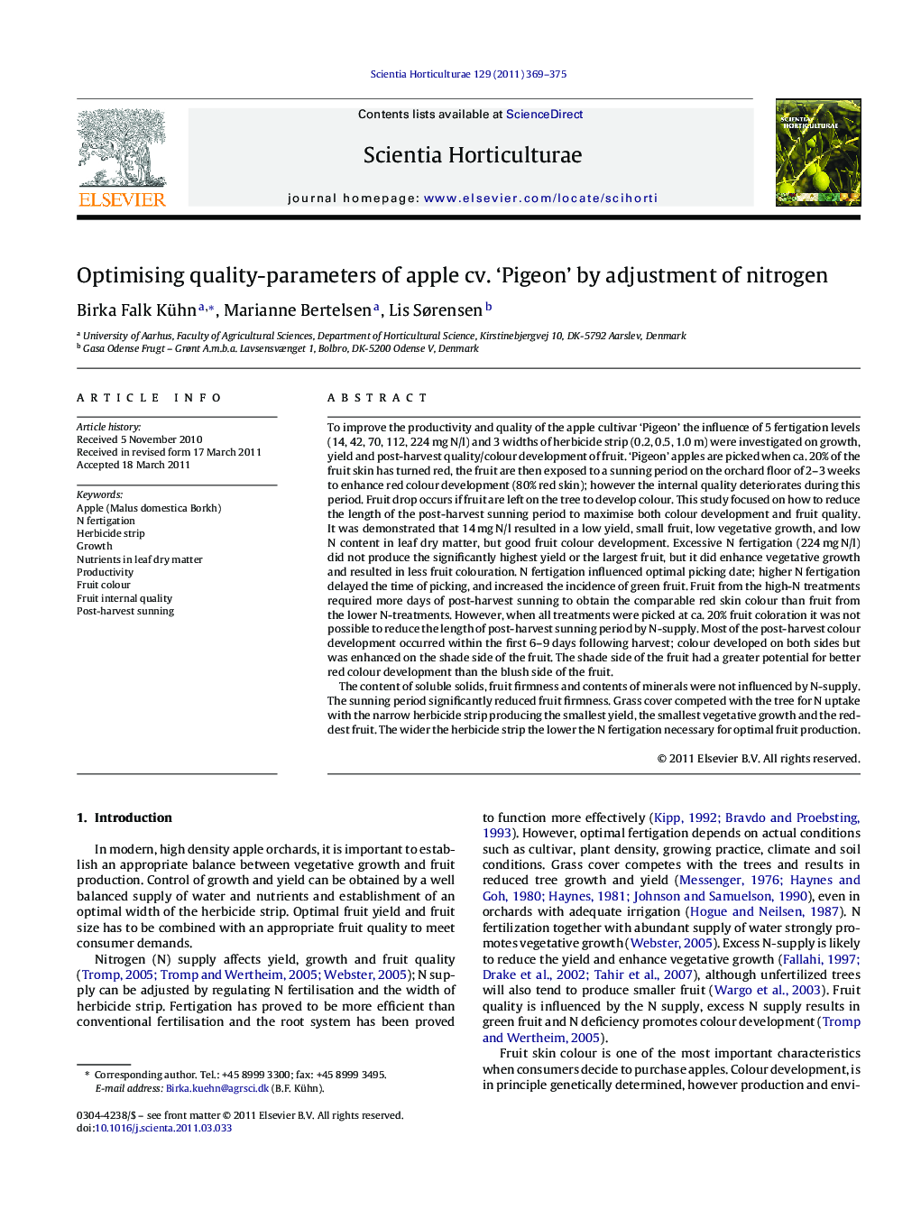 Optimising quality-parameters of apple cv. ‘Pigeon’ by adjustment of nitrogen