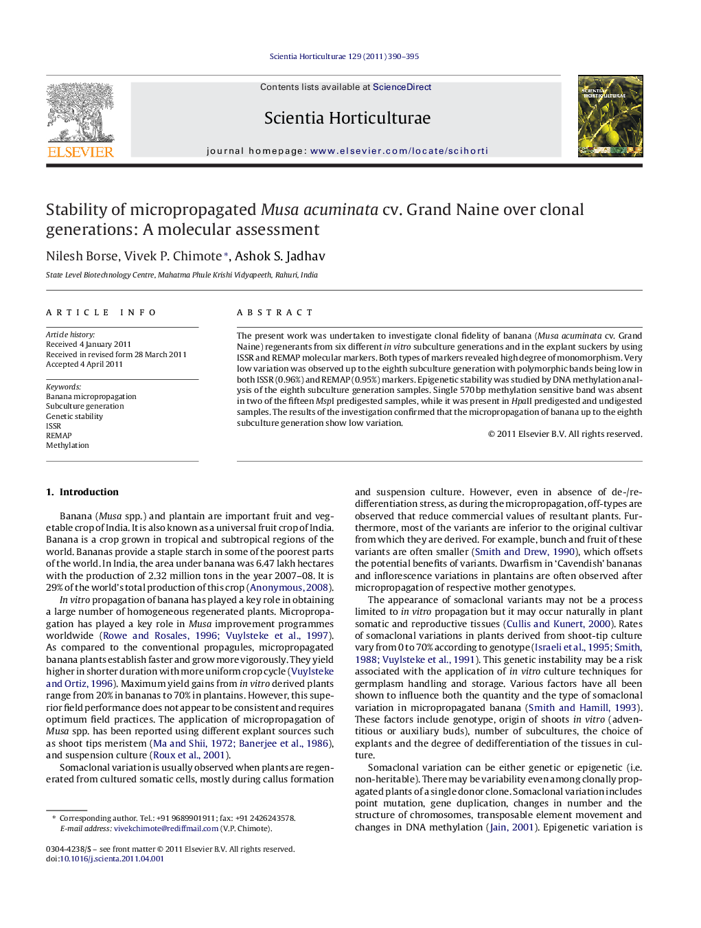 Stability of micropropagated Musa acuminata cv. Grand Naine over clonal generations: A molecular assessment