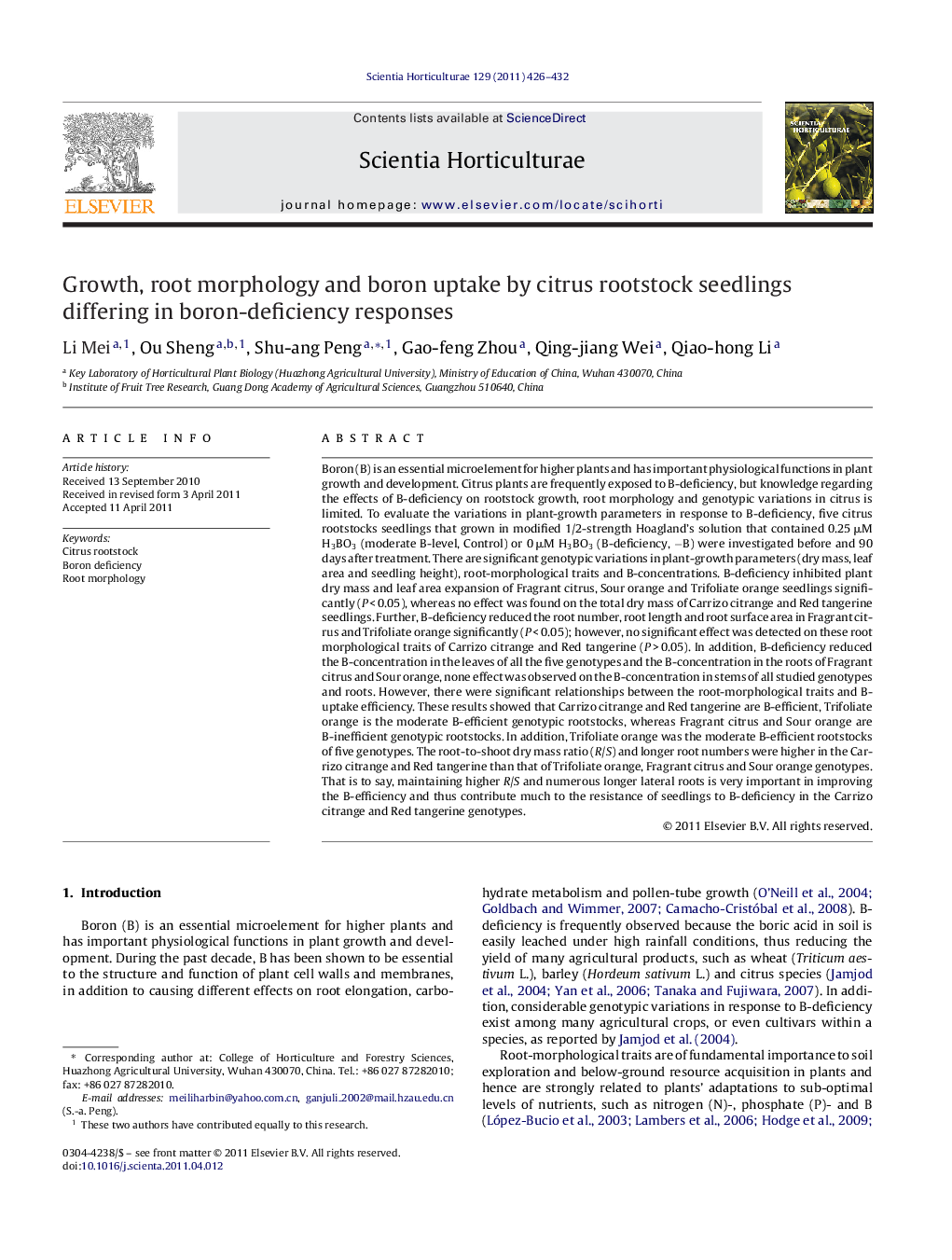 Growth, root morphology and boron uptake by citrus rootstock seedlings differing in boron-deficiency responses