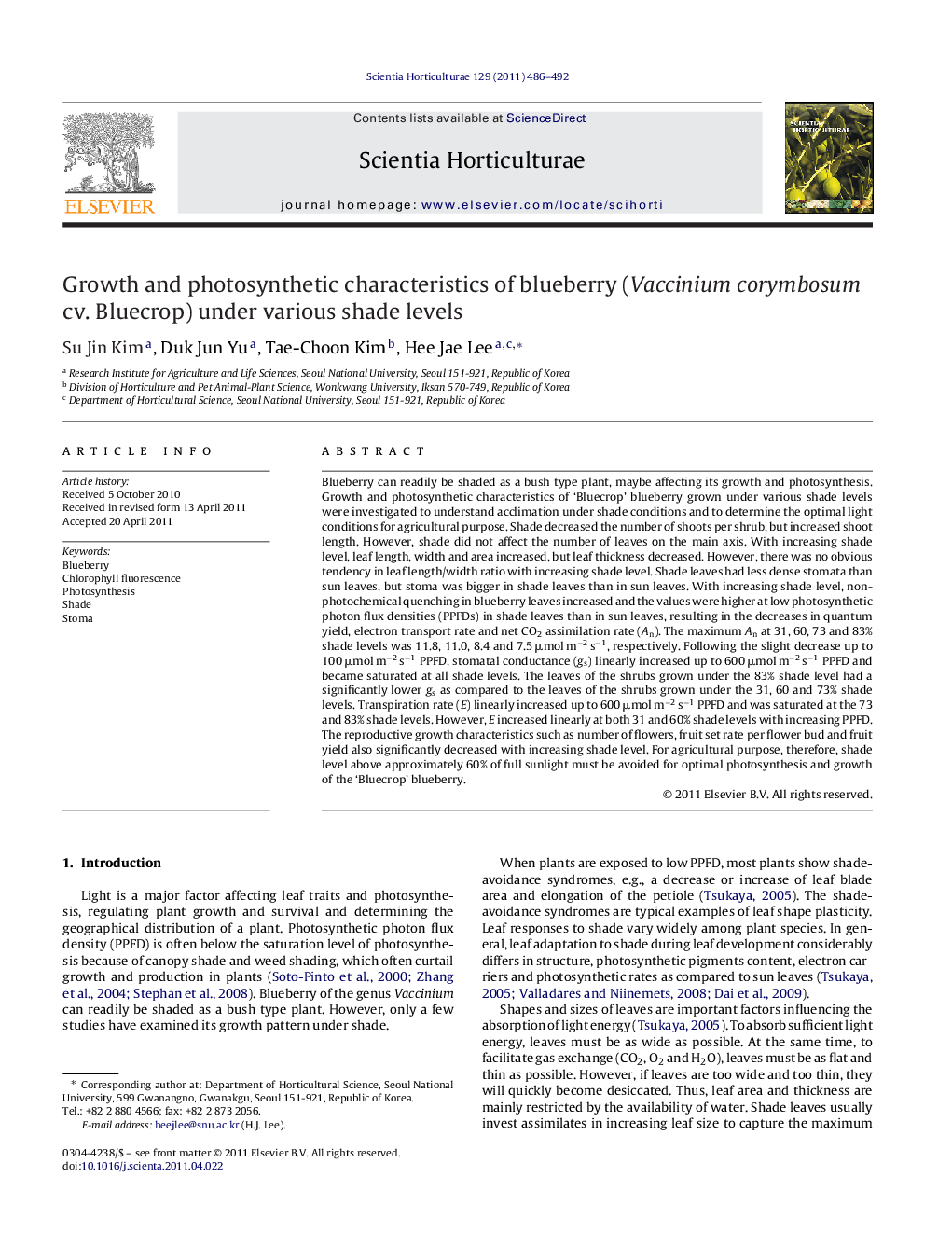 Growth and photosynthetic characteristics of blueberry (Vaccinium corymbosum cv. Bluecrop) under various shade levels