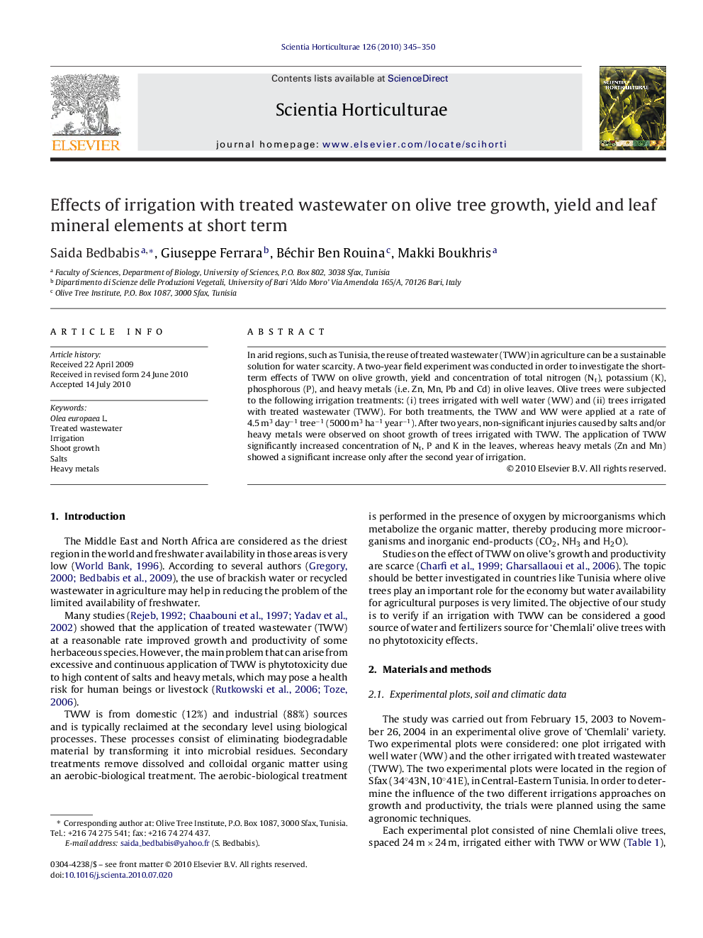 Effects of irrigation with treated wastewater on olive tree growth, yield and leaf mineral elements at short term