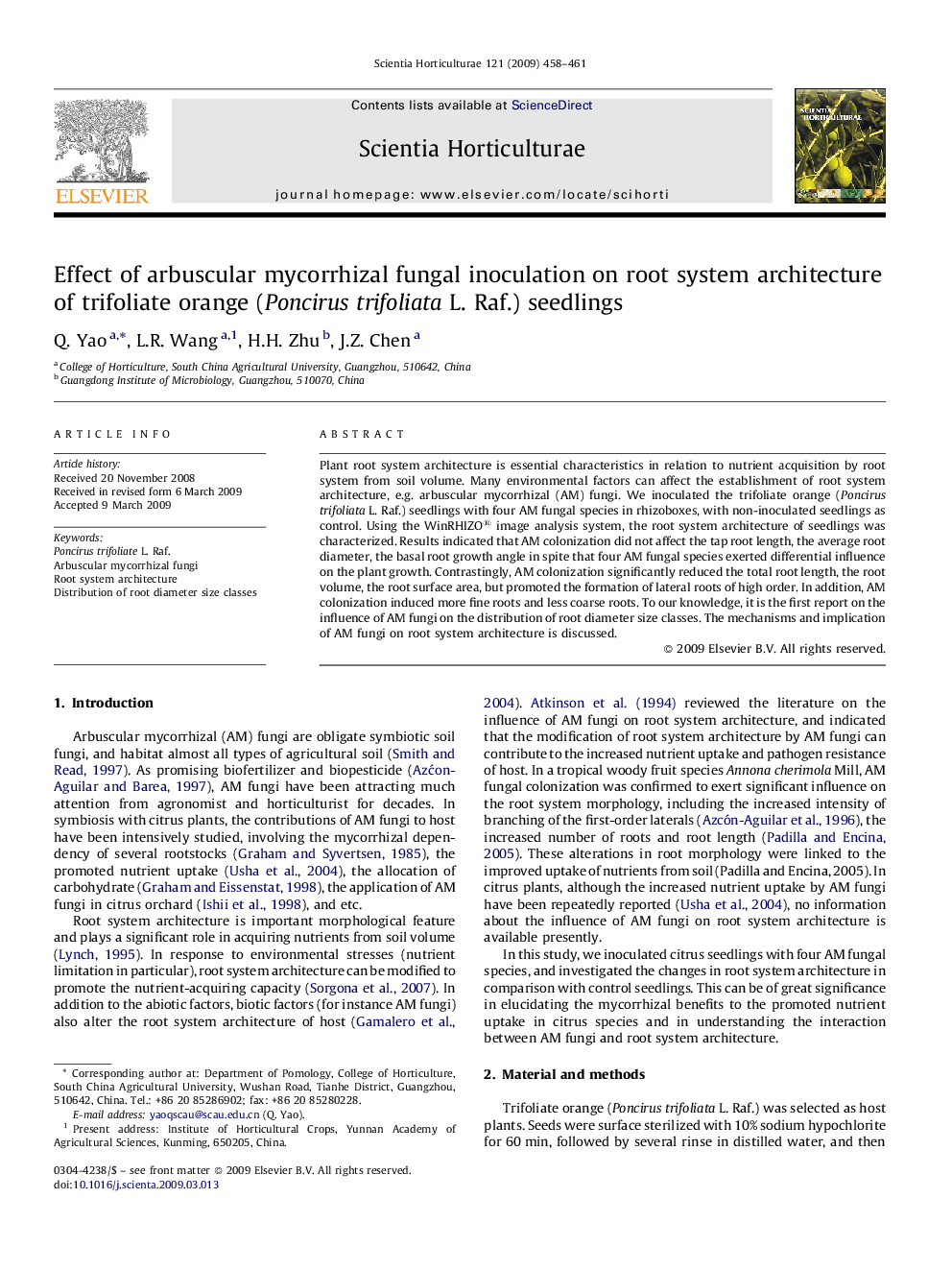 Effect of arbuscular mycorrhizal fungal inoculation on root system architecture of trifoliate orange (Poncirus trifoliata L. Raf.) seedlings