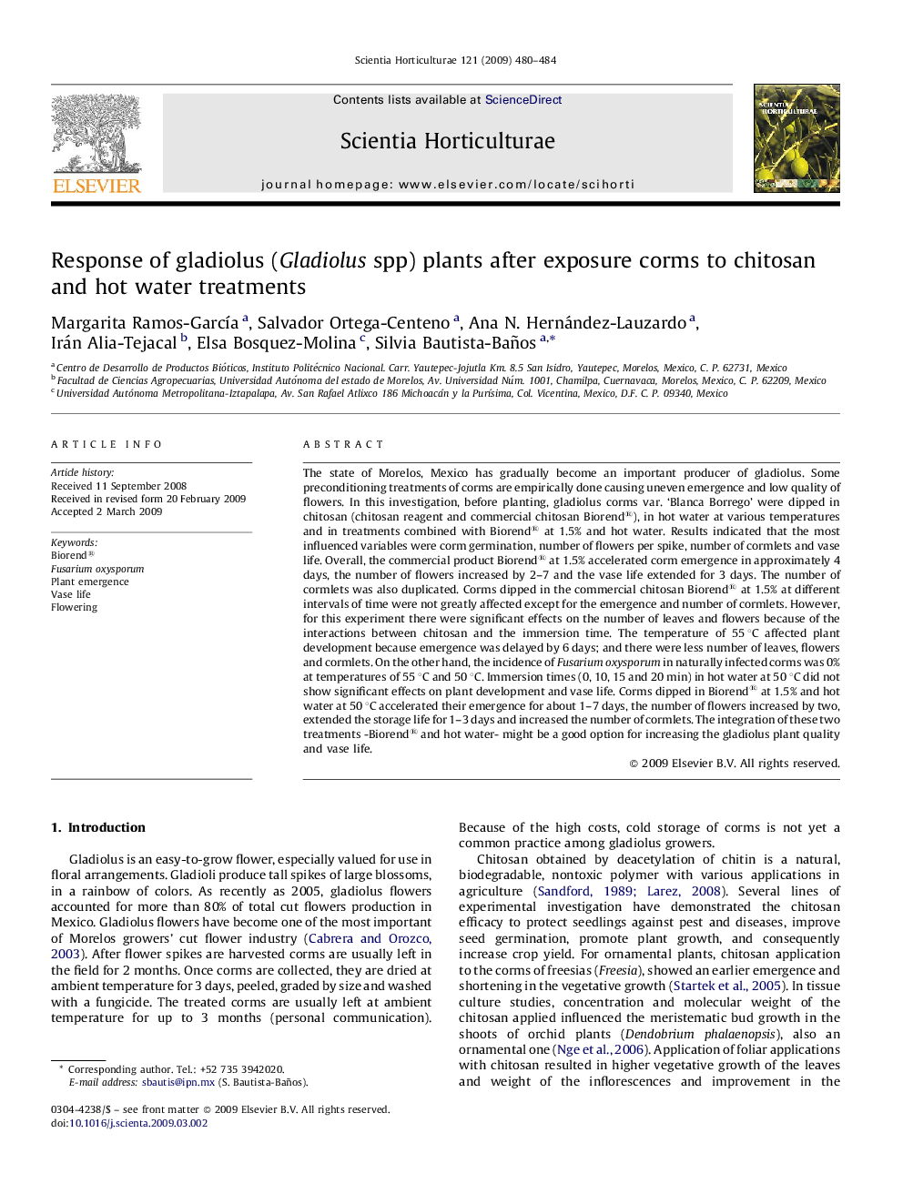 Response of gladiolus (Gladiolus spp) plants after exposure corms to chitosan and hot water treatments