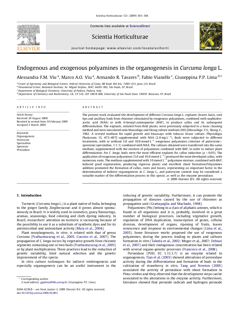 Endogenous and exogenous polyamines in the organogenesis in Curcuma longa L.