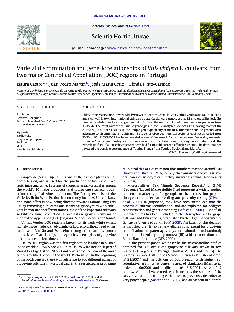 Varietal discrimination and genetic relationships of Vitis vinifera L. cultivars from two major Controlled Appellation (DOC) regions in Portugal