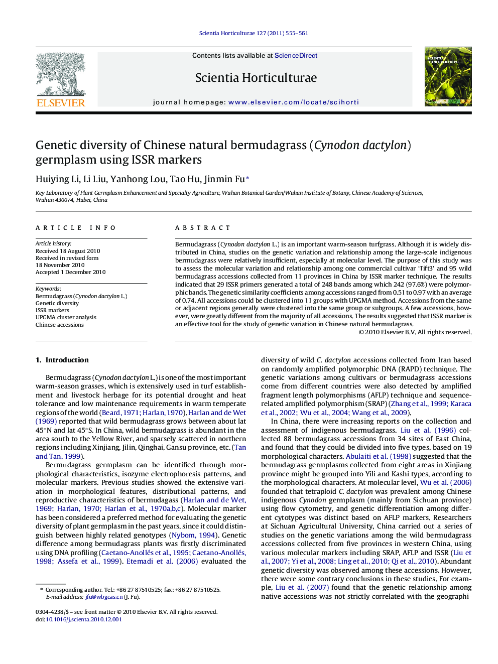 Genetic diversity of Chinese natural bermudagrass (Cynodon dactylon) germplasm using ISSR markers