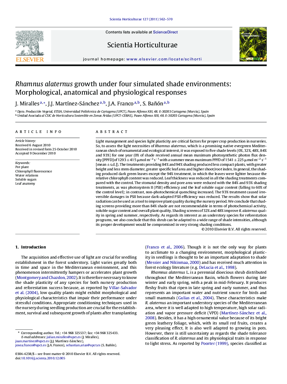 Rhamnus alaternus growth under four simulated shade environments: Morphological, anatomical and physiological responses