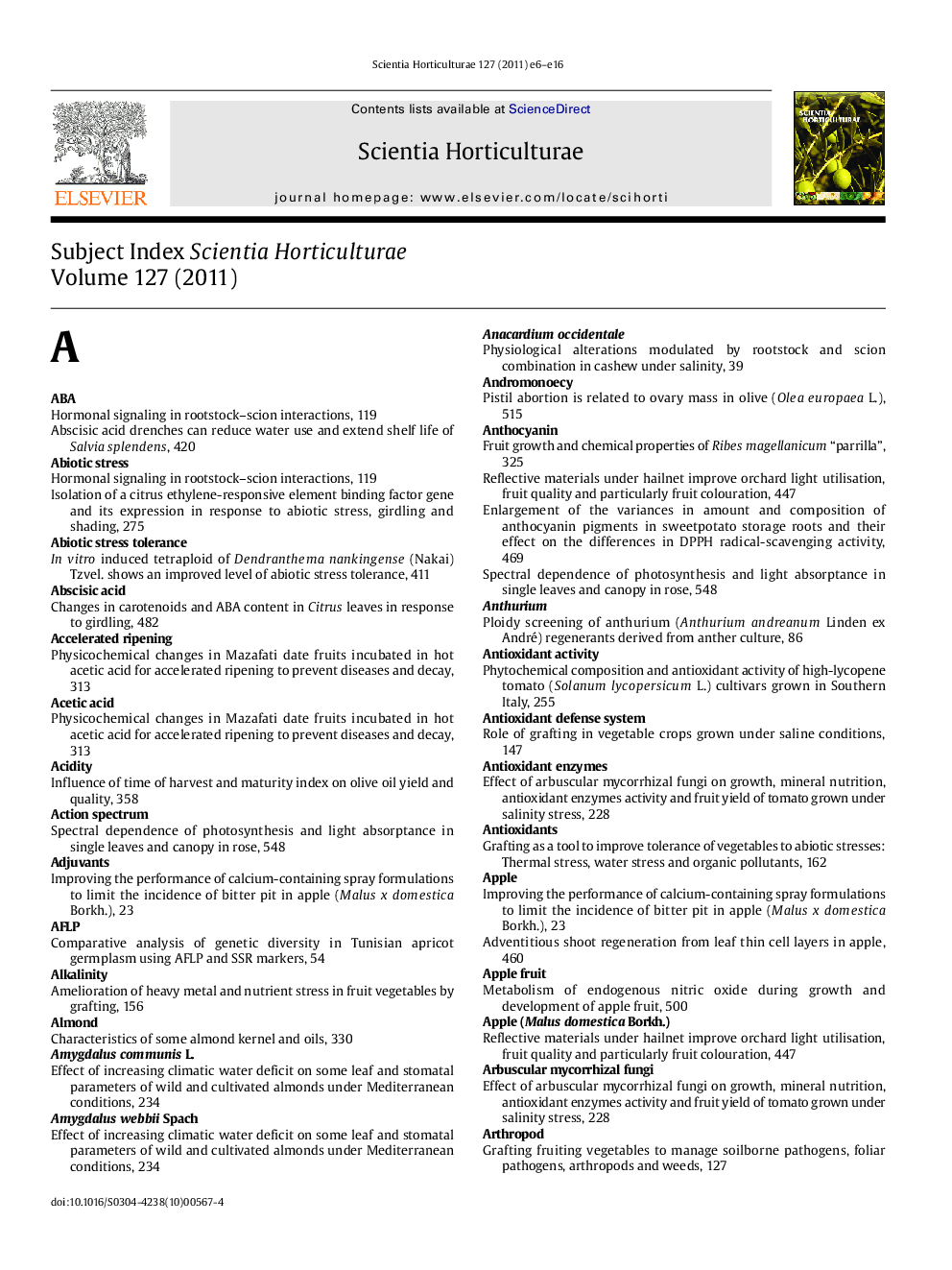 Subject index for Scientia Horticulturae Vol 127