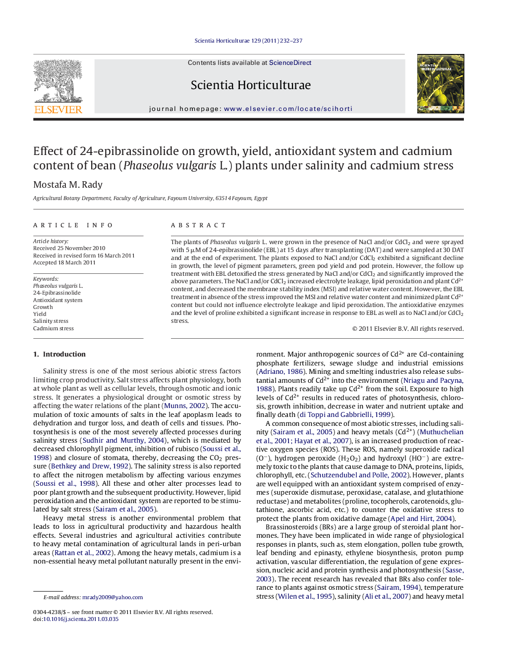 Effect of 24-epibrassinolide on growth, yield, antioxidant system and cadmium content of bean (Phaseolus vulgaris L.) plants under salinity and cadmium stress