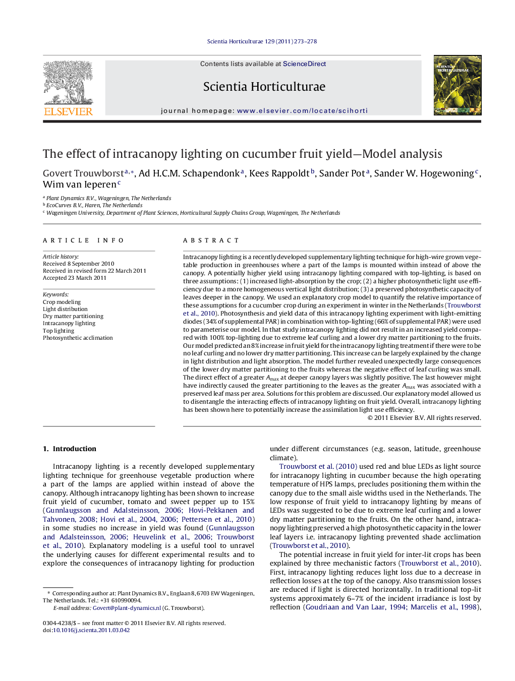 The effect of intracanopy lighting on cucumber fruit yield—Model analysis