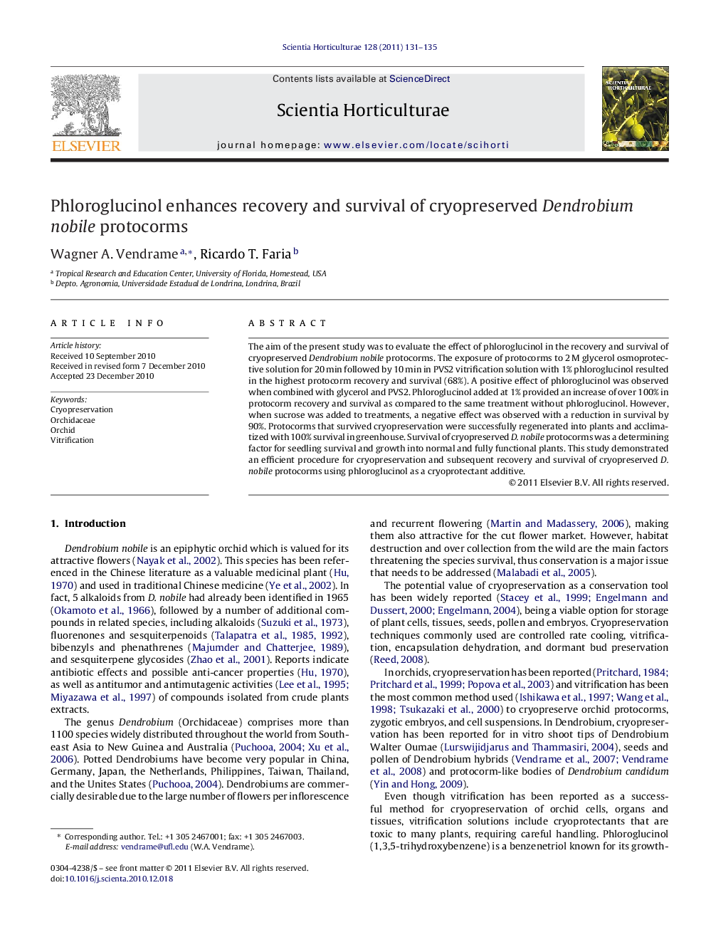 Phloroglucinol enhances recovery and survival of cryopreserved Dendrobium nobile protocorms