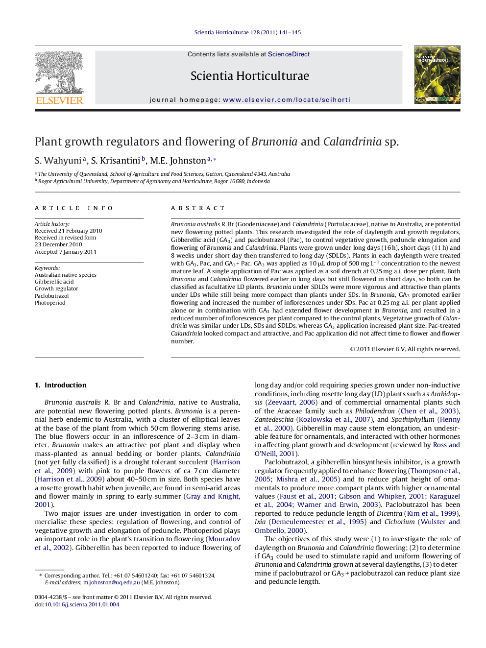 Plant growth regulators and flowering of Brunonia and Calandrinia sp.