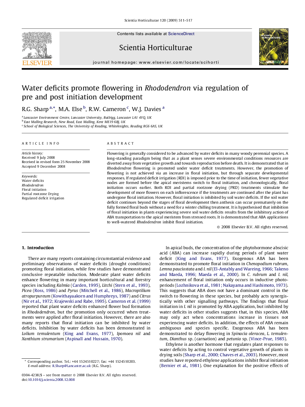 Water deficits promote flowering in Rhododendron via regulation of pre and post initiation development