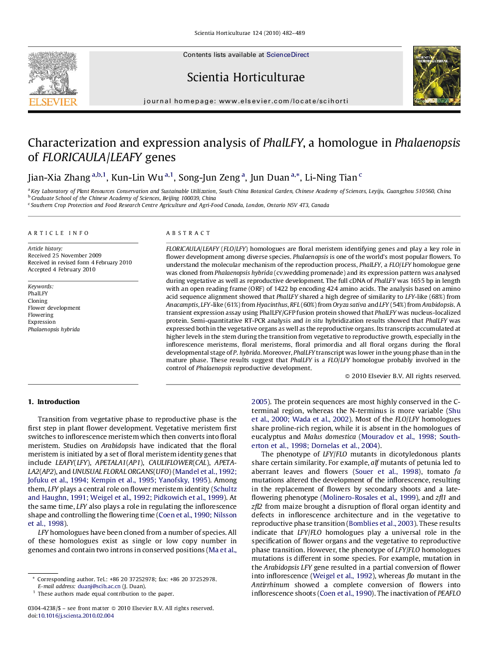 Characterization and expression analysis of PhalLFY, a homologue in Phalaenopsis of FLORICAULA/LEAFY genes