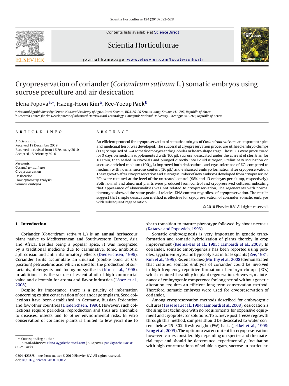 Cryopreservation of coriander (Coriandrum sativum L.) somatic embryos using sucrose preculture and air desiccation