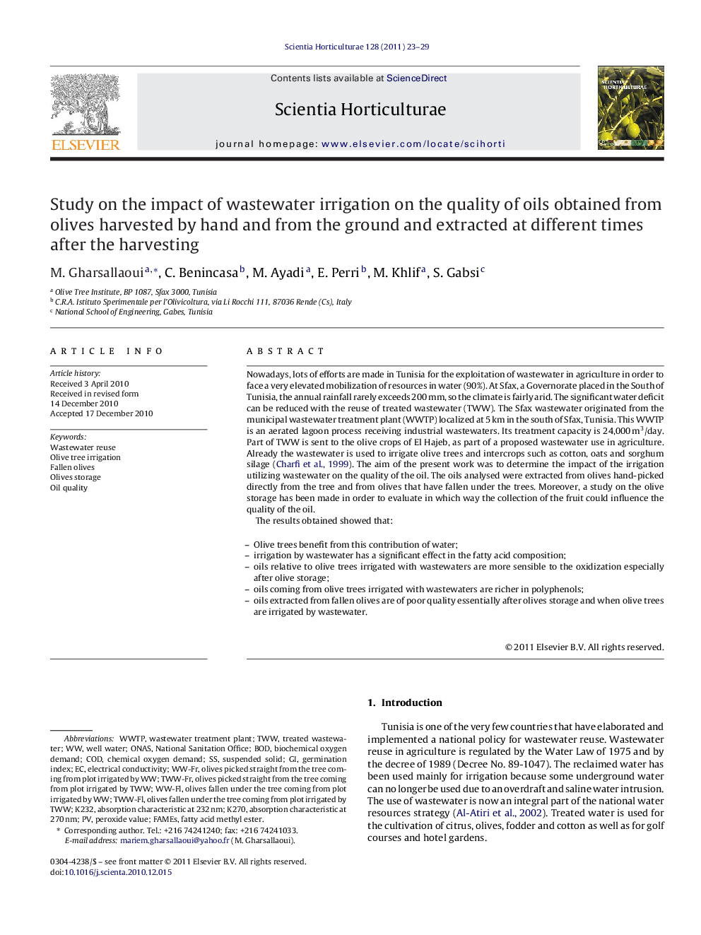 Study on the impact of wastewater irrigation on the quality of oils obtained from olives harvested by hand and from the ground and extracted at different times after the harvesting