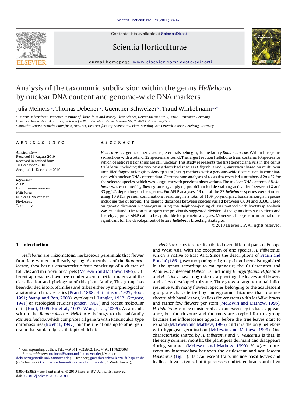 Analysis of the taxonomic subdivision within the genus Helleborus by nuclear DNA content and genome-wide DNA markers