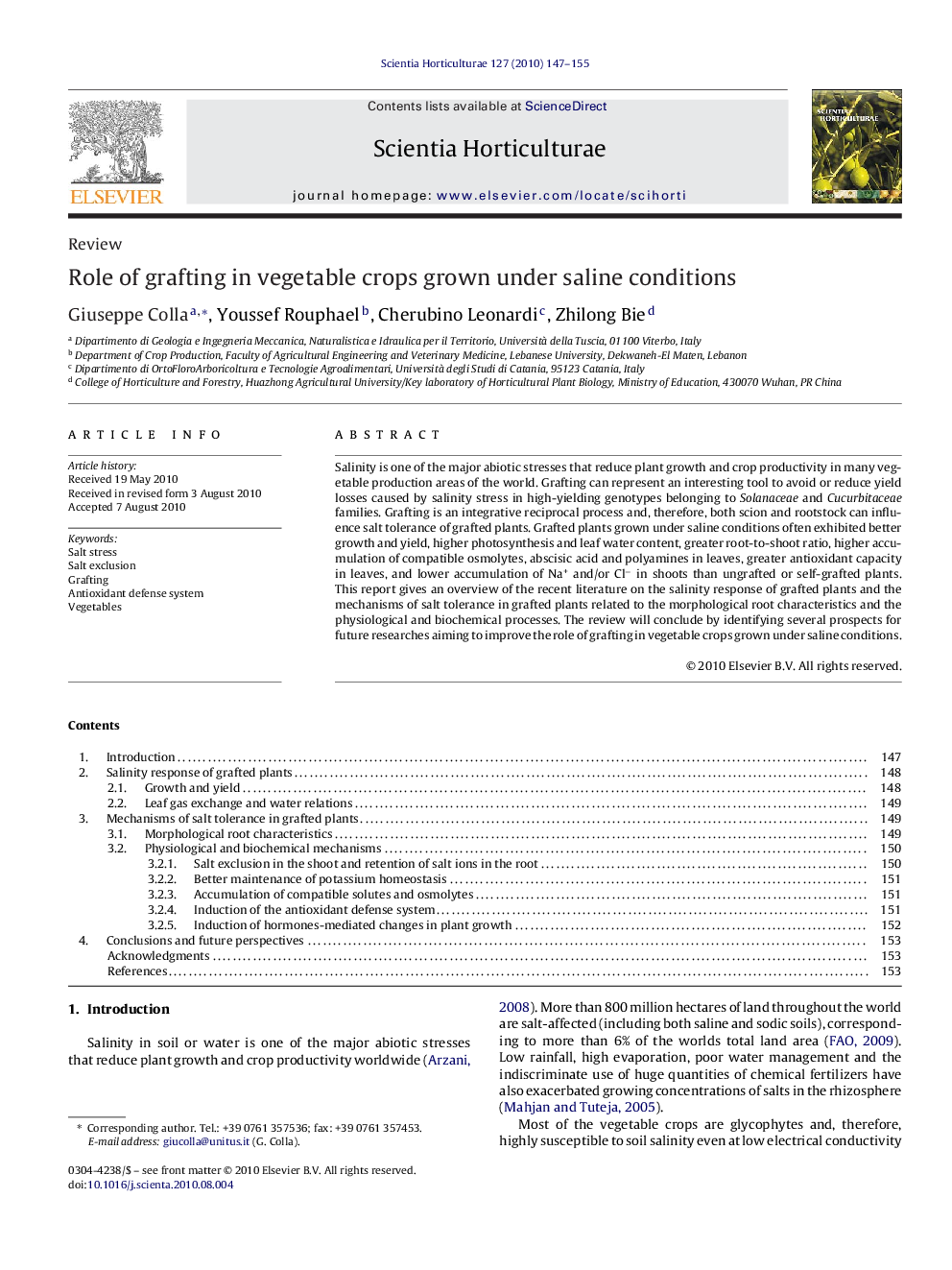 عکس صفحه اول مقاله: Role of grafting in vegetable crops grown under saline conditions Role of grafting in vegetable crops grown under saline conditions