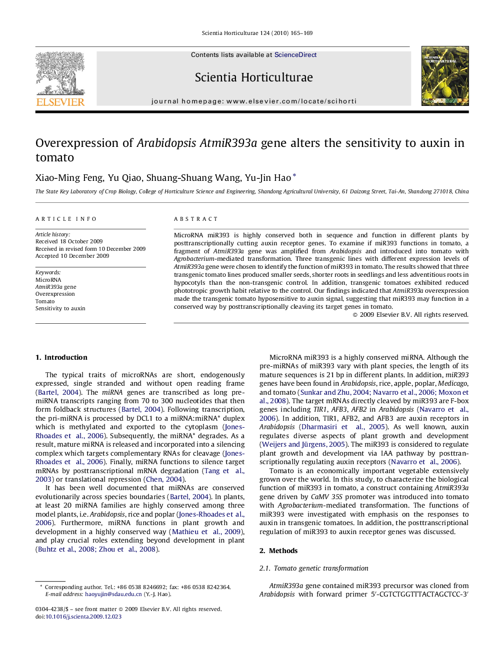 Overexpression of Arabidopsis AtmiR393a gene alters the sensitivity to auxin in tomato