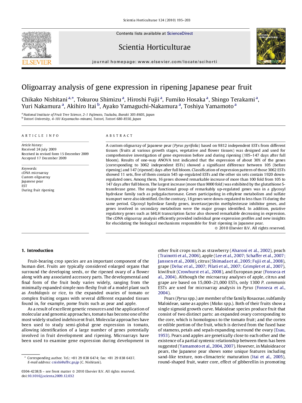 Oligoarray analysis of gene expression in ripening Japanese pear fruit