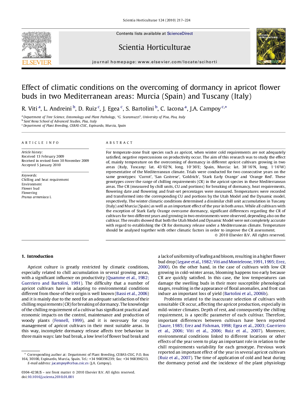 Effect of climatic conditions on the overcoming of dormancy in apricot flower buds in two Mediterranean areas: Murcia (Spain) and Tuscany (Italy)