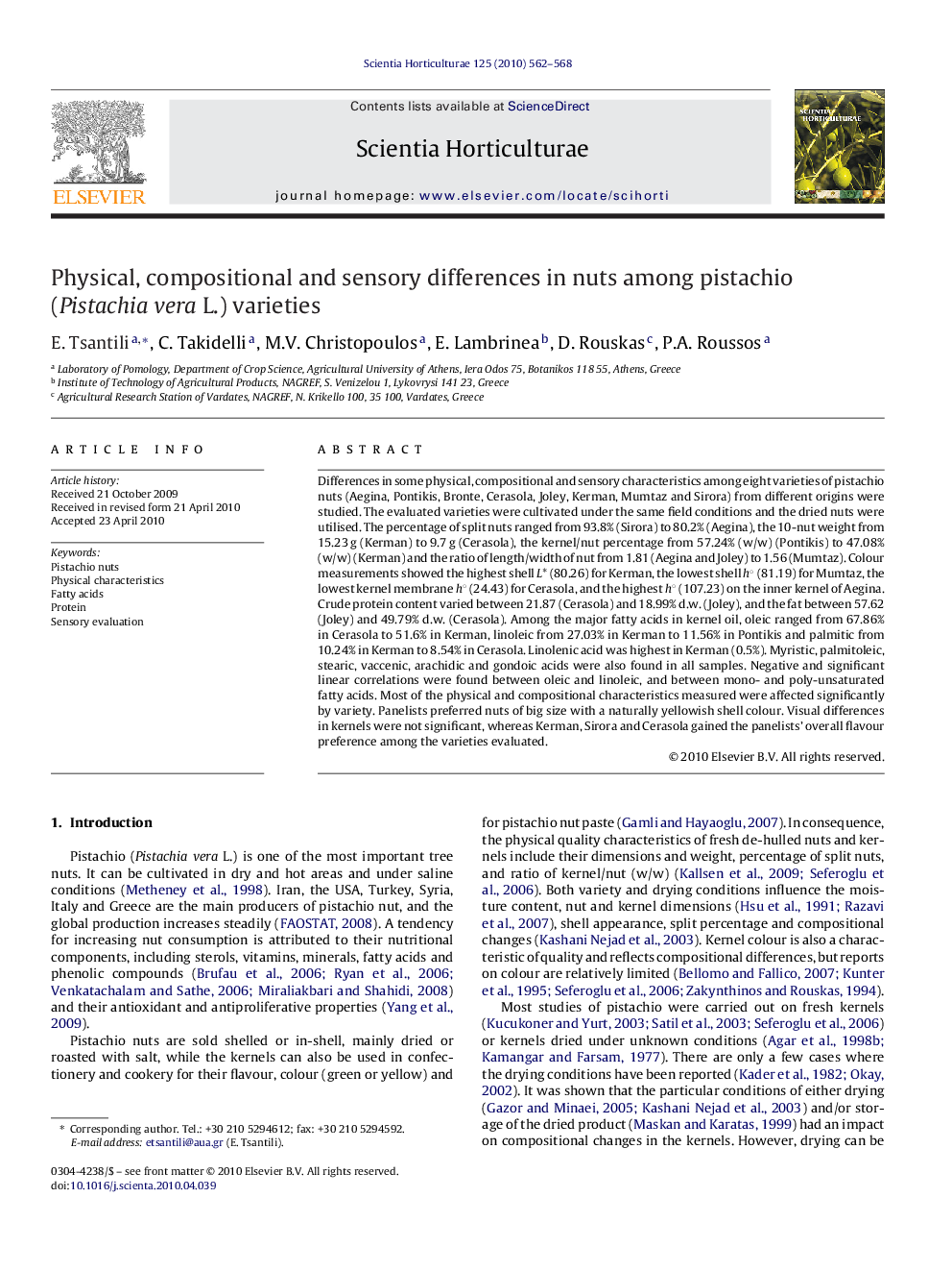 Physical, compositional and sensory differences in nuts among pistachio (Pistachia vera L.) varieties