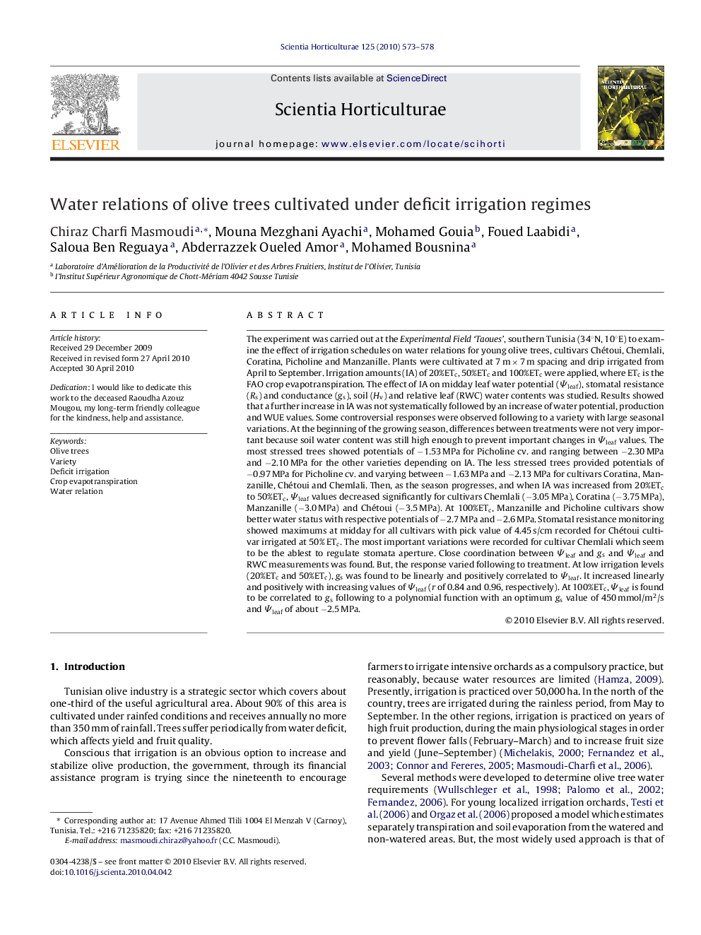 Water relations of olive trees cultivated under deficit irrigation regimes