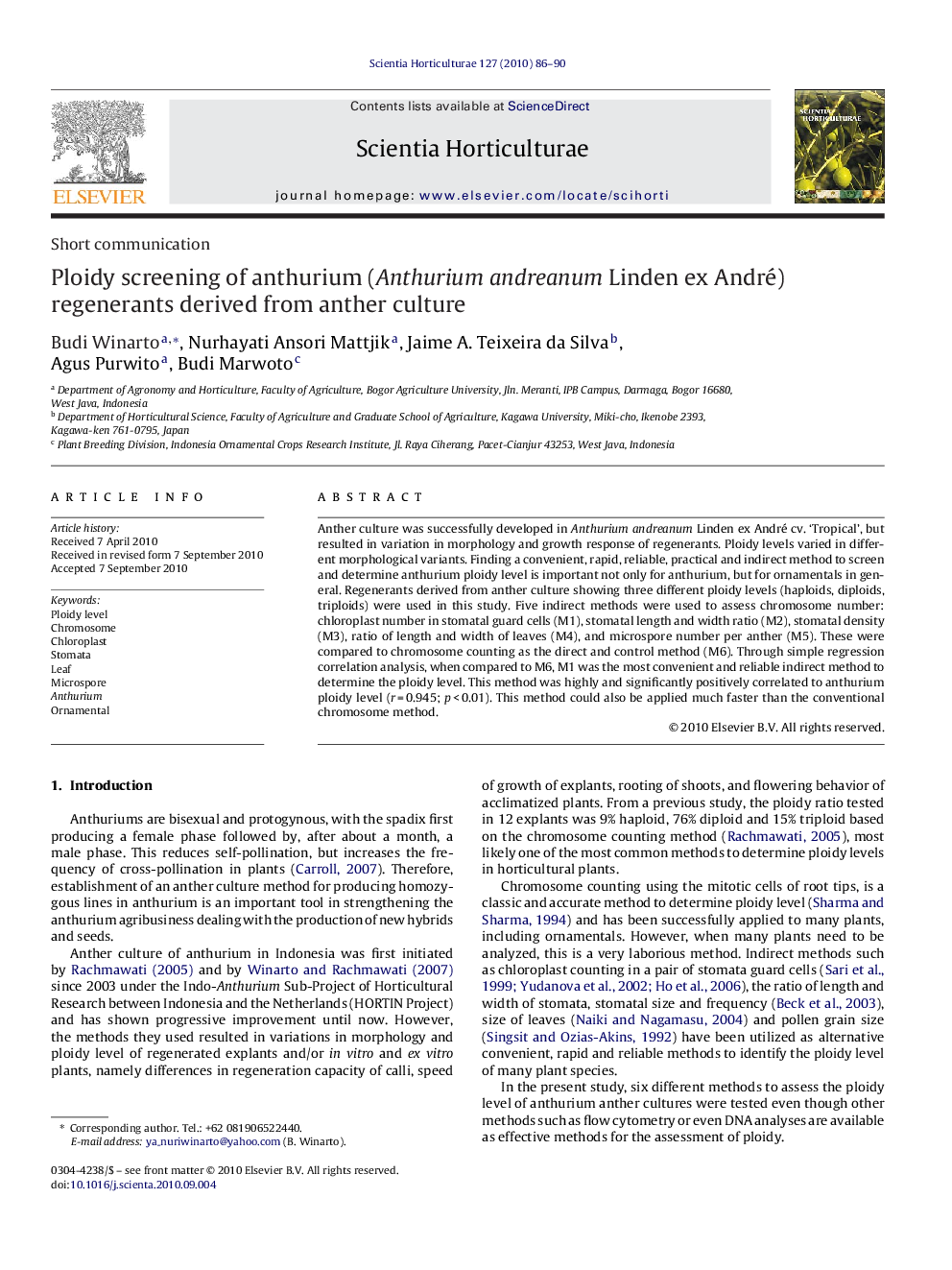 Ploidy screening of anthurium (Anthurium andreanum Linden ex André) regenerants derived from anther culture