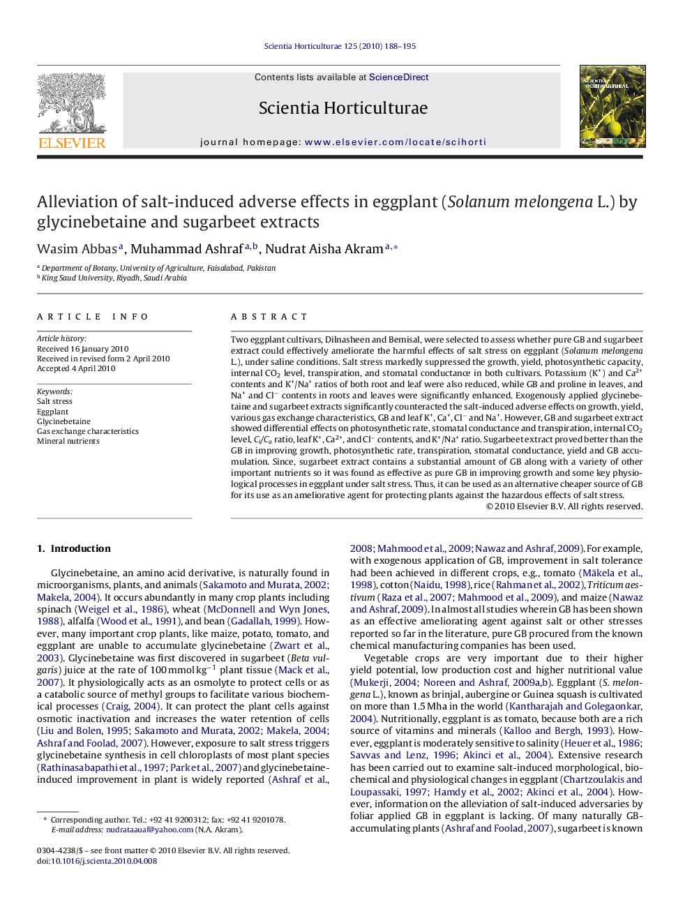 Alleviation of salt-induced adverse effects in eggplant (Solanum melongena L.) by glycinebetaine and sugarbeet extracts