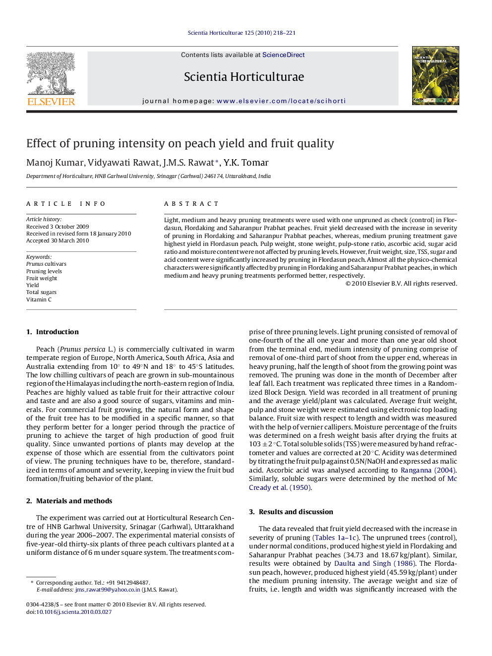 Effect of pruning intensity on peach yield and fruit quality