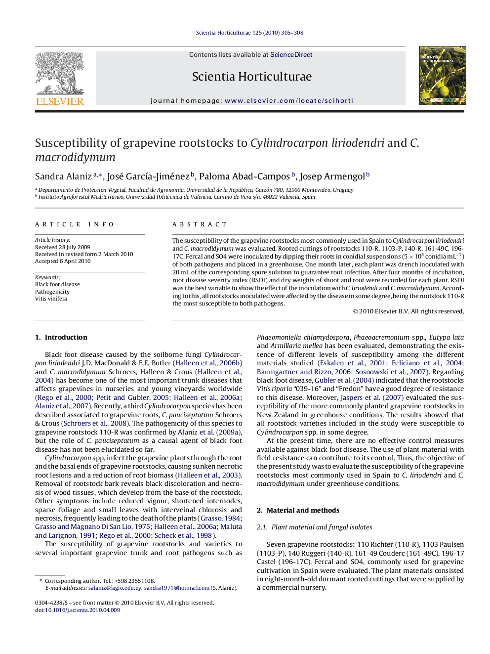 Susceptibility of grapevine rootstocks to Cylindrocarpon liriodendri and C. macrodidymum