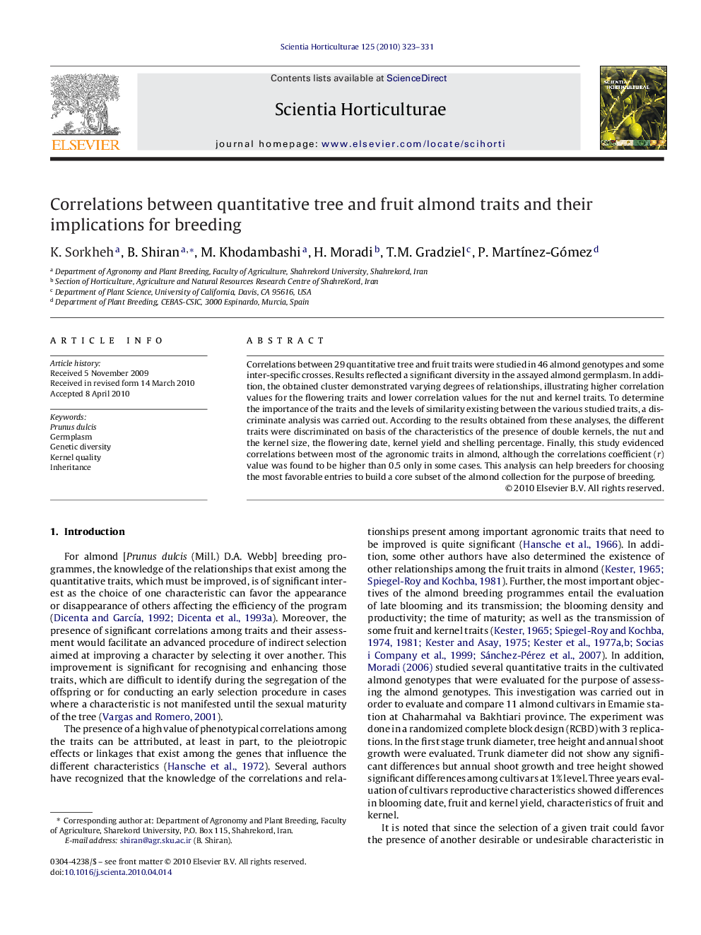 Correlations between quantitative tree and fruit almond traits and their implications for breeding