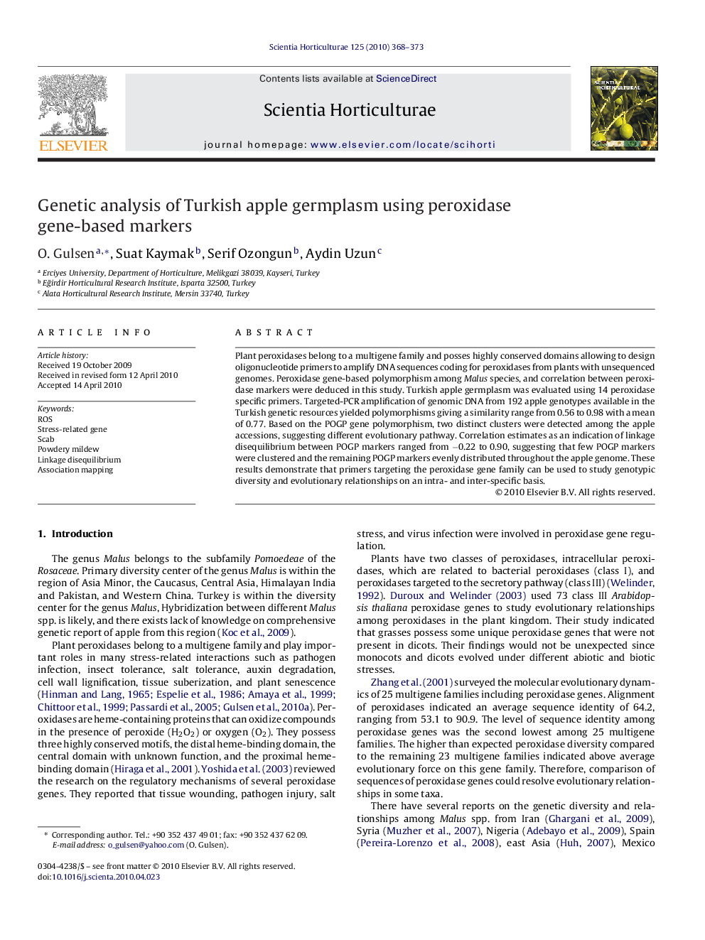 Genetic analysis of Turkish apple germplasm using peroxidase gene-based markers