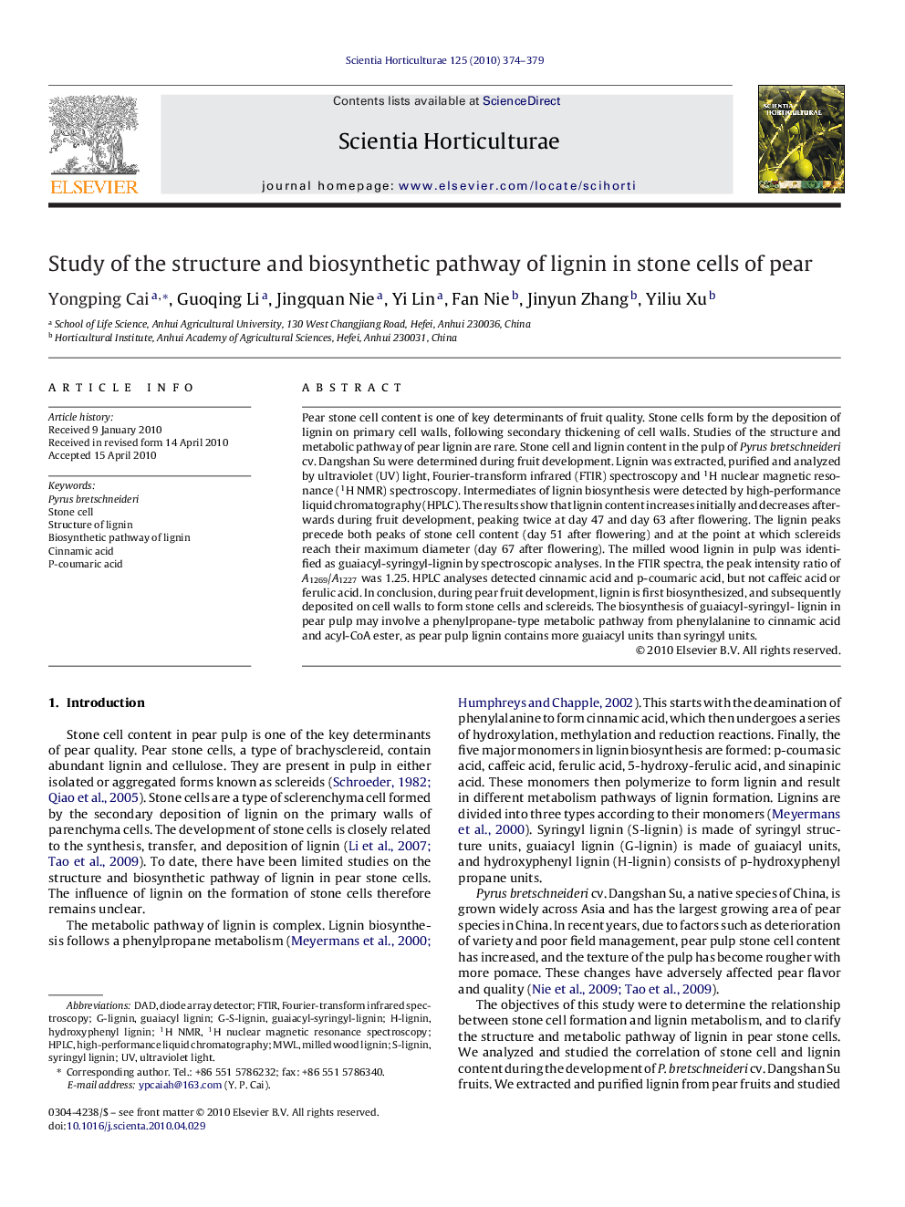 Study of the structure and biosynthetic pathway of lignin in stone cells of pear