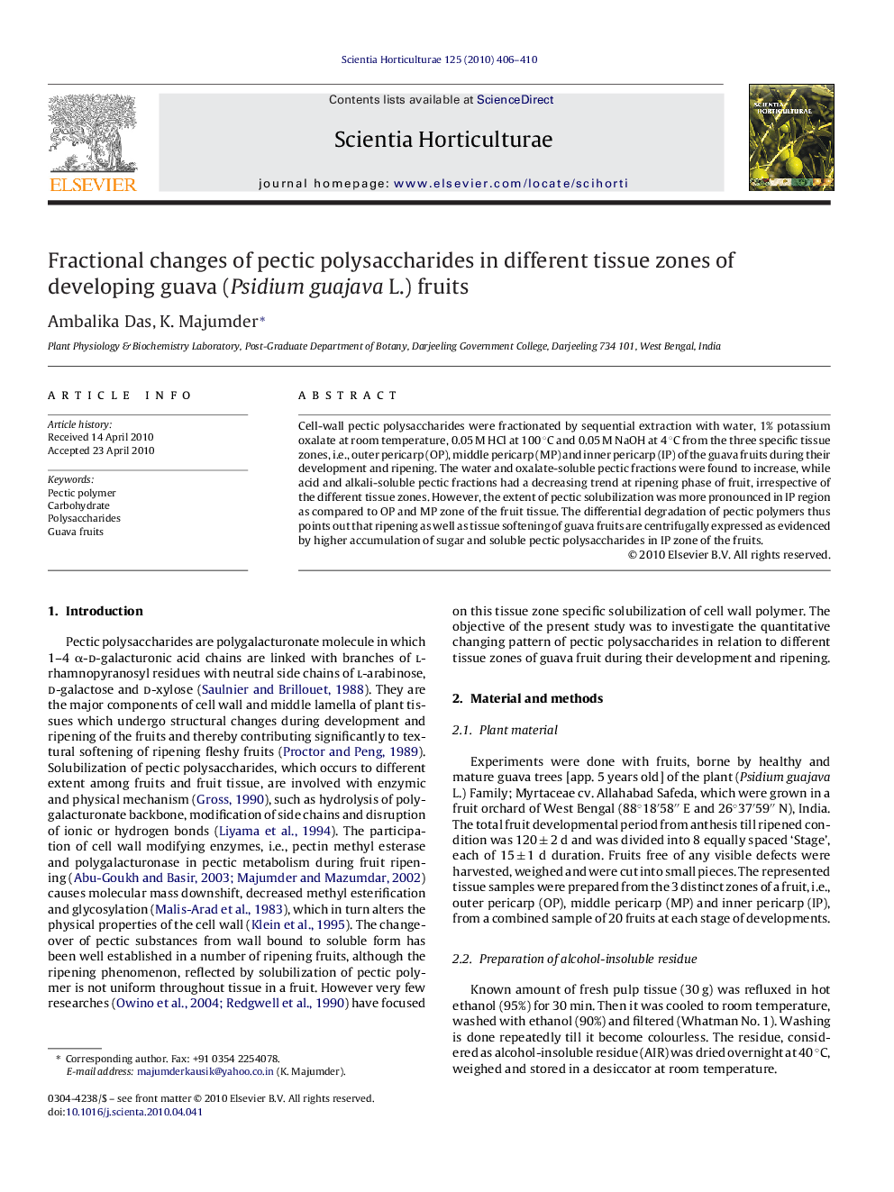 Fractional changes of pectic polysaccharides in different tissue zones of developing guava (Psidium guajava L.) fruits