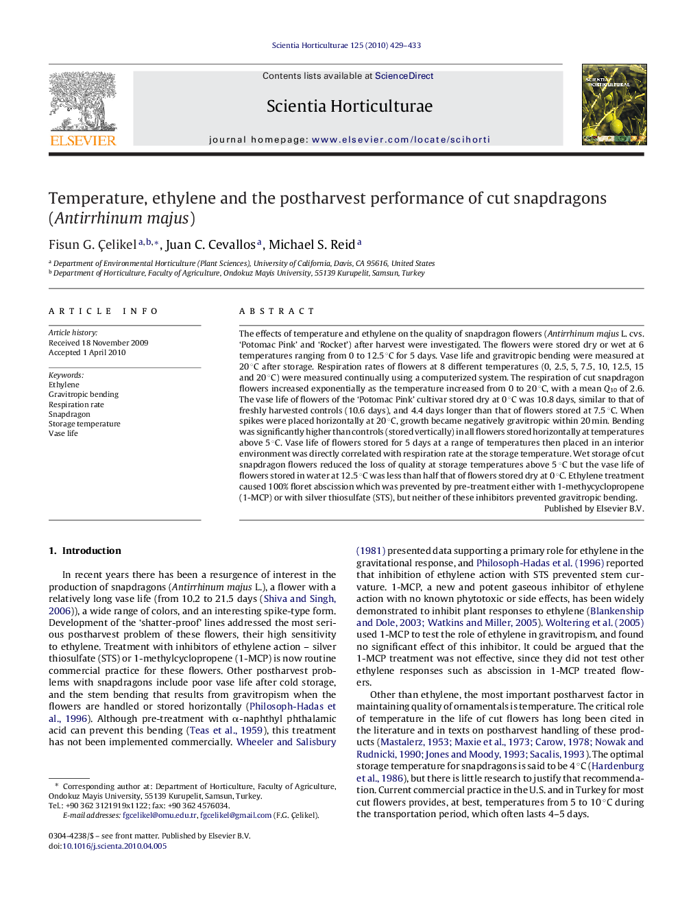 Temperature, ethylene and the postharvest performance of cut snapdragons (Antirrhinum majus)