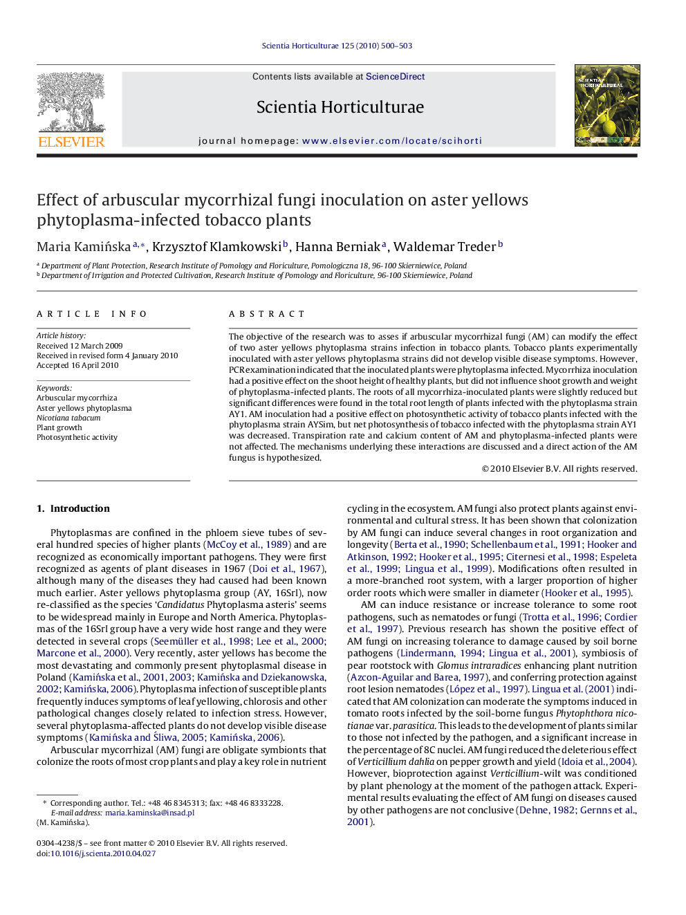 Effect of arbuscular mycorrhizal fungi inoculation on aster yellows phytoplasma-infected tobacco plants