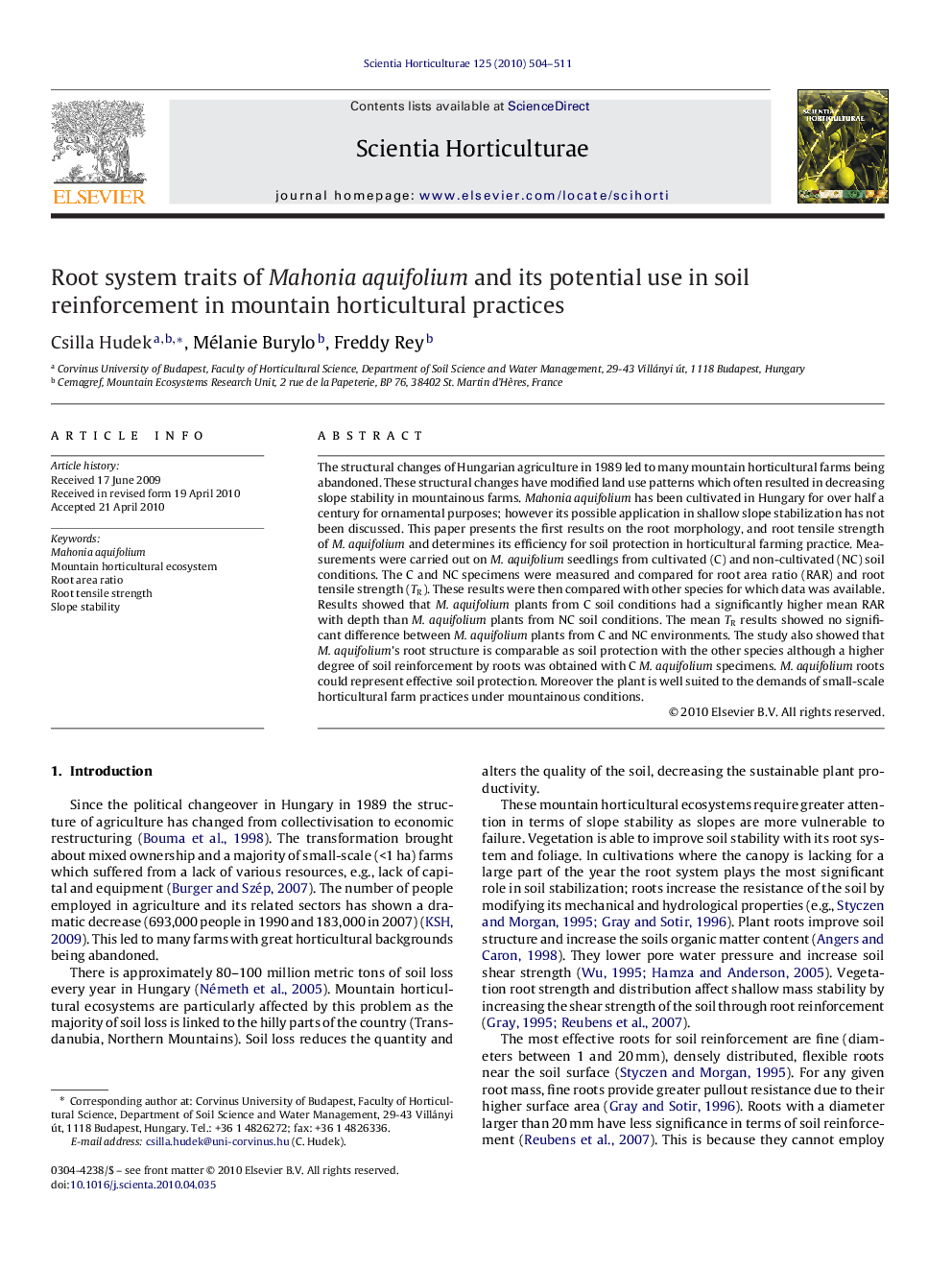 Root system traits of Mahonia aquifolium and its potential use in soil reinforcement in mountain horticultural practices