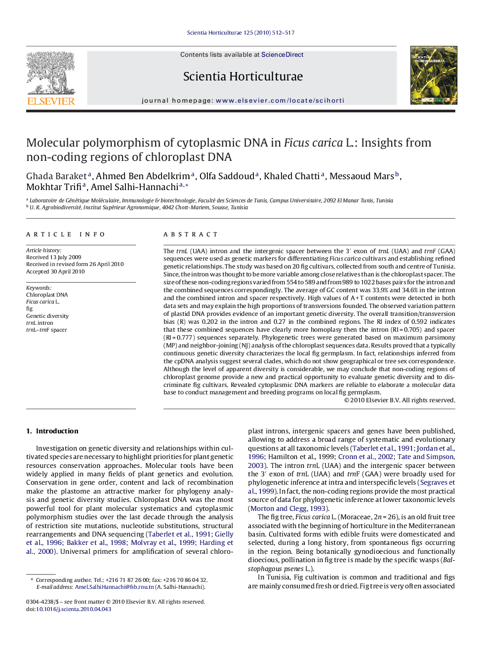 Molecular polymorphism of cytoplasmic DNA in Ficus carica L.: Insights from non-coding regions of chloroplast DNA