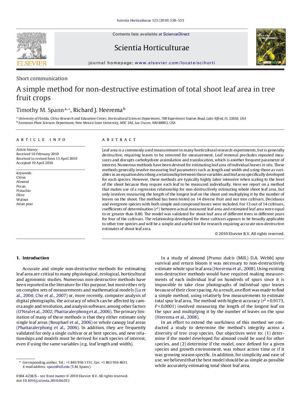 A simple method for non-destructive estimation of total shoot leaf area in tree fruit crops