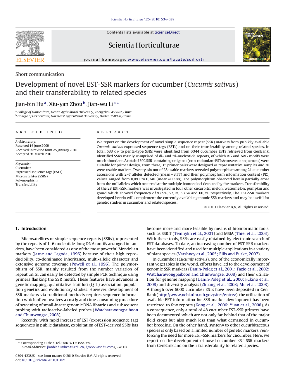 Development of novel EST-SSR markers for cucumber (Cucumis sativus) and their transferability to related species