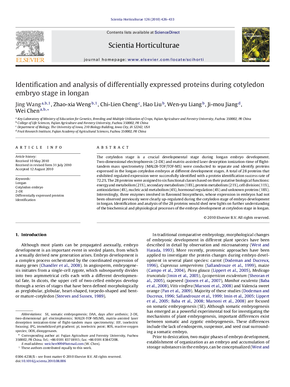 Identification and analysis of differentially expressed proteins during cotyledon embryo stage in longan